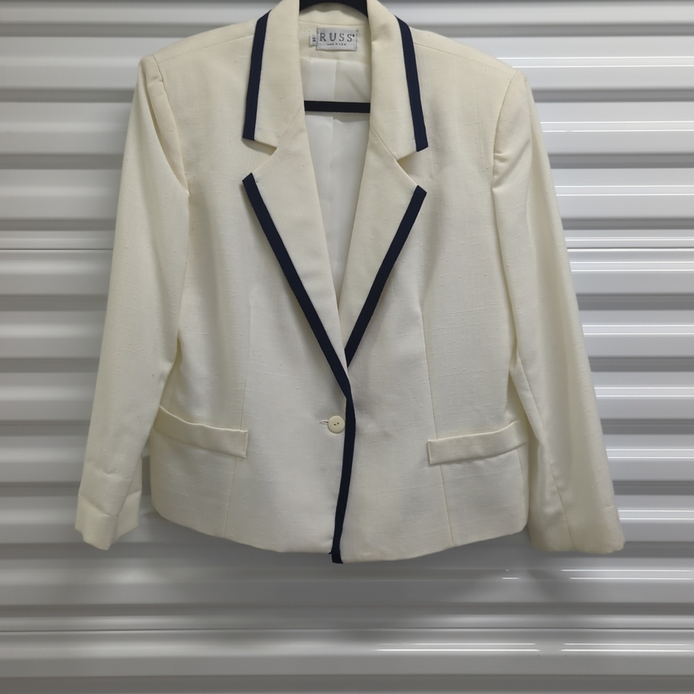 Vintage Russ Ivory Blazer with Navy Trim - Women's Suit Jacket